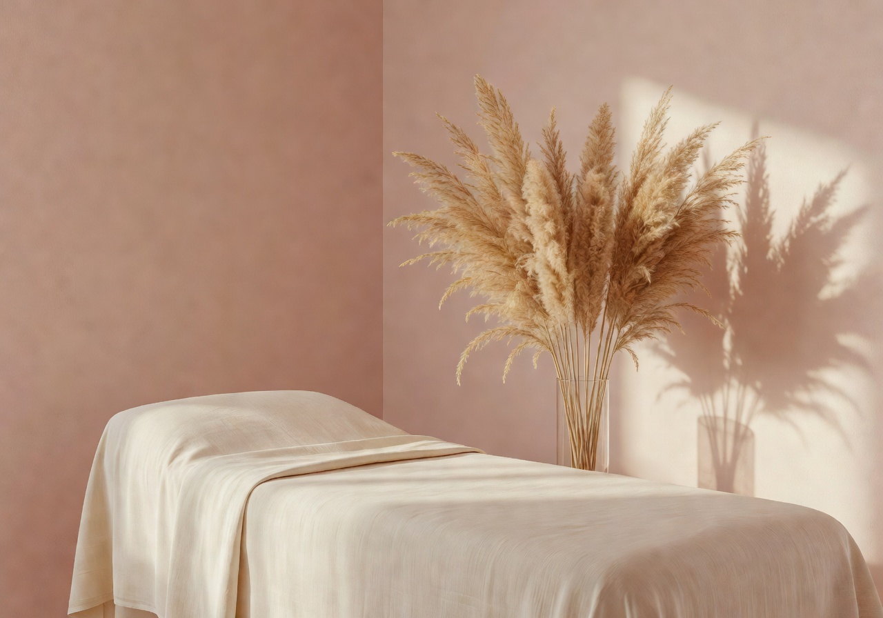 Ruhiges Studio-Interieur mit Behandlungsliege und Pampasgras