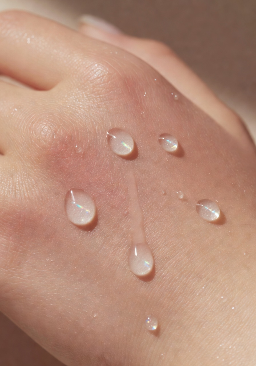 Nahaufnahme einer Hand mit feinen Serum-Tropfen auf der Haut, Sparkling Kosmetikstudio Bamberg